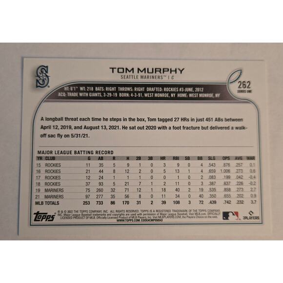 Tom Murphy Seattle Mariners Topps 2022 Baseball Card #262 - Picture 4 of 6